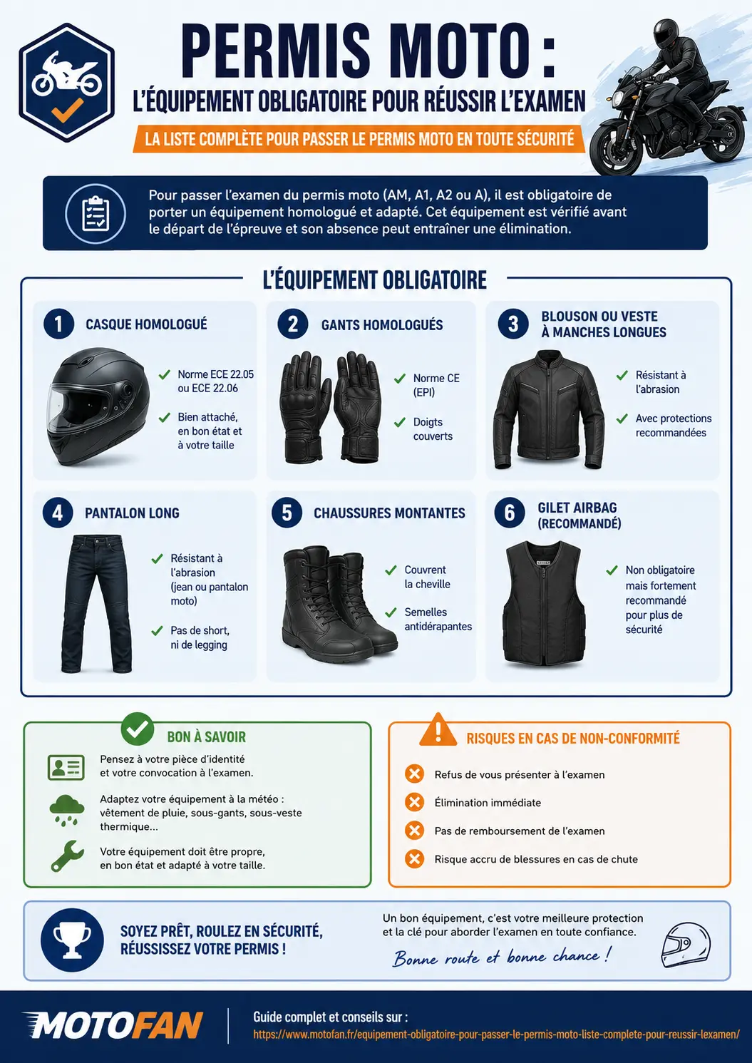 Équipement obligatoire pour passer le permis moto - infographie